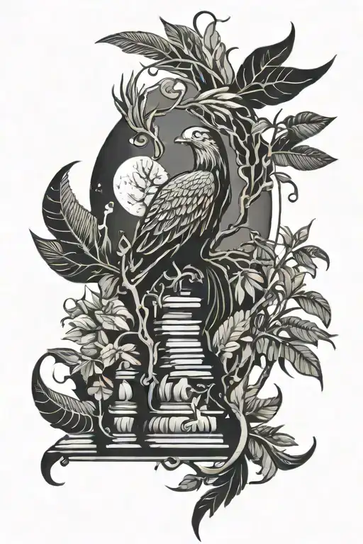 A Phoenix Rising From A Jungle Surrounded By Books With Moon In The Back