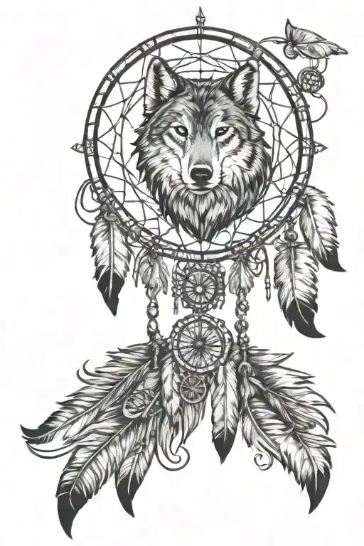 Dream Catcher With Wolf And Feathers