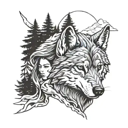 Girl In The Skin Of A Wolf Against The Background Of A Coniferous Forest In Japanese Style