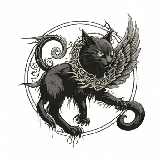 Demonic Black Cat With Wings In A Moon Sigil