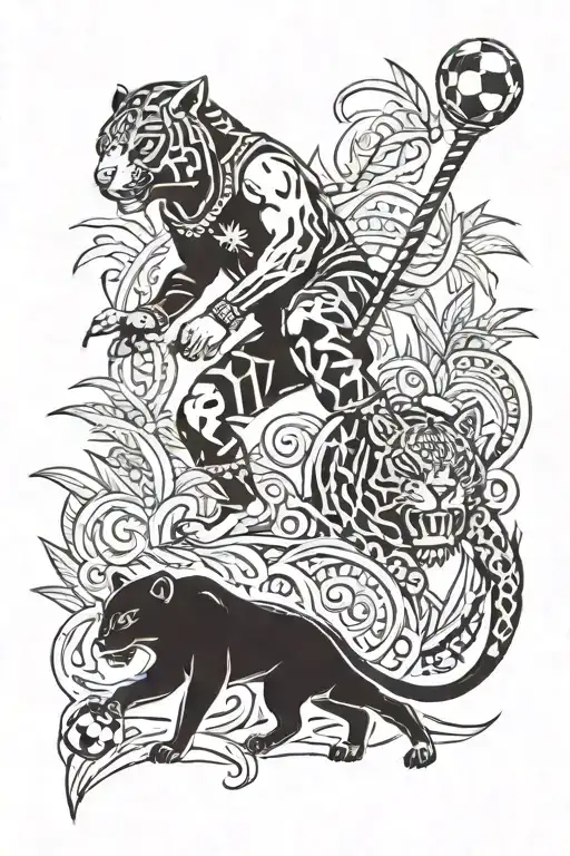 A Tribal Warrior Playing Soccer With A Panther In A Costa Rican Jungle