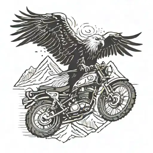 Mountain Range With An Eagle Soaring And A Motorcycle In The Foreground