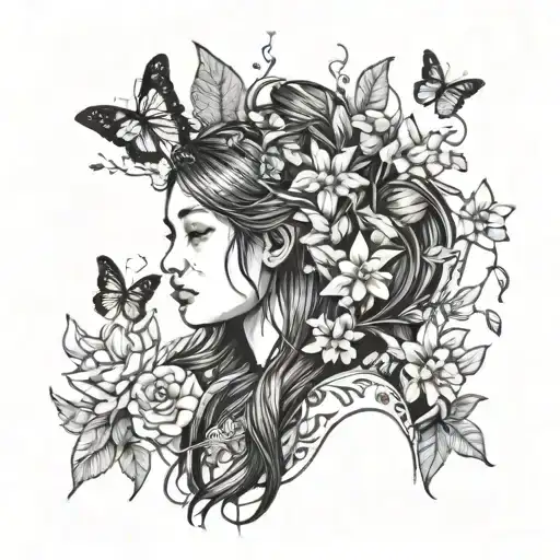A Serene Female Warrior Surrounded By Peaceful Nature Elements Like Flowers And Butterflies