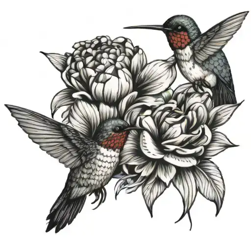 Hummingbird And Bumblebee On Lilac And Peony Flowers