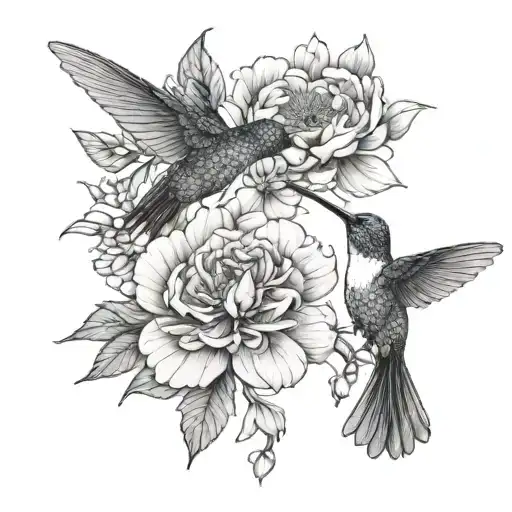 1 Hummingbird And 1 Bumblebee On Lilac And Peony Flowers