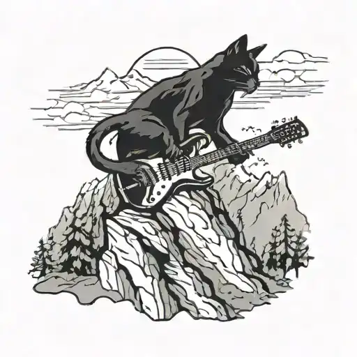 A Silhouette Of A Cat Playing A Guitar On A Mountain Peak