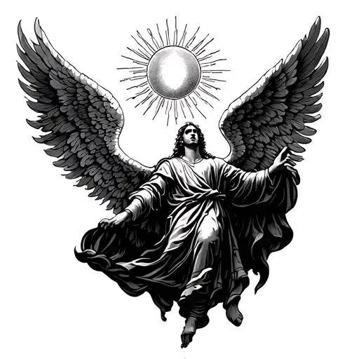 A Guardian Angel Desending With The Sun Above Him