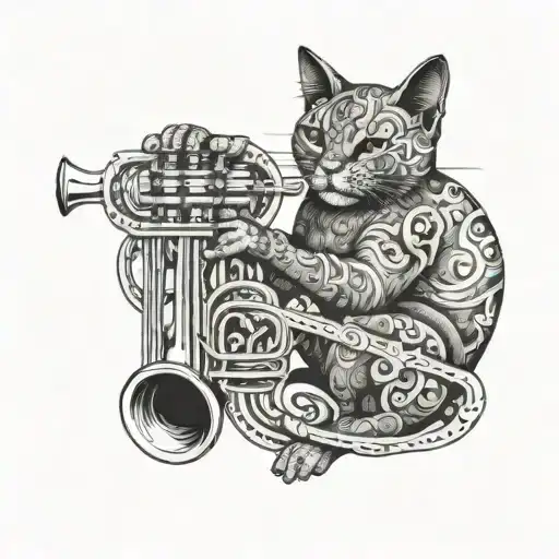 A Cat Playing A Trumpet In A Blackwork Style