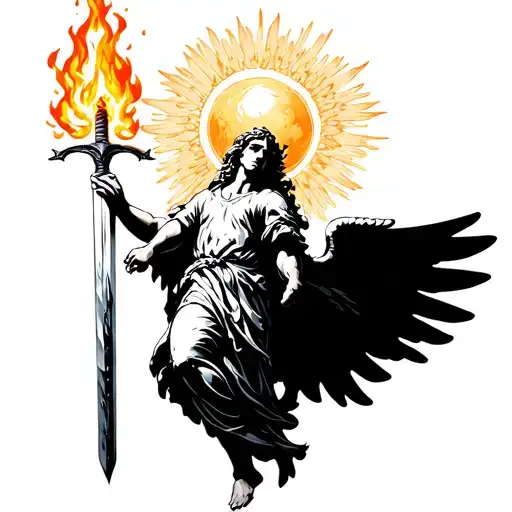 A Guardian Angel Descending With A Flaming Sword In Hand And The Sun Above