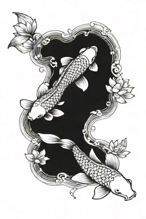 A Minimalist Design Of A Japanese Koi Fish Swimming In A Pond With Lotus Flowers