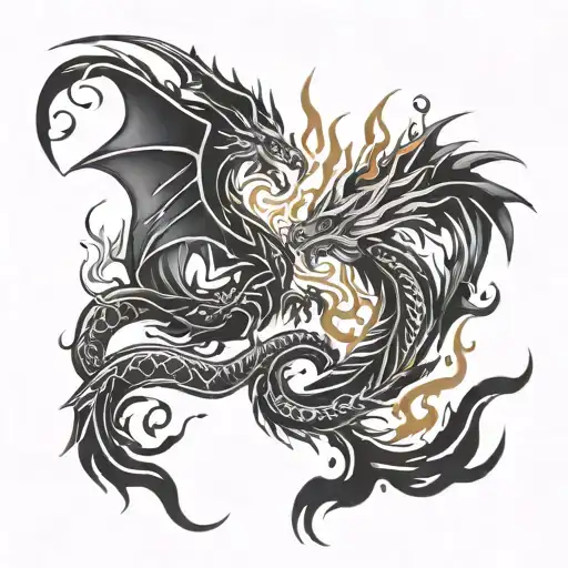 Dragon And Phoenix Rising From Flames Coming Together