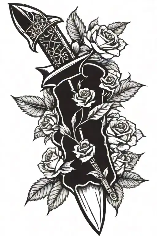 Dagger With Roses Surrounding The Blade And Leafs