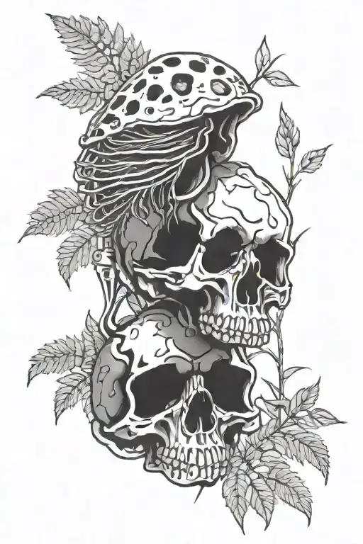 Skeleton With Ferns Mushrooms