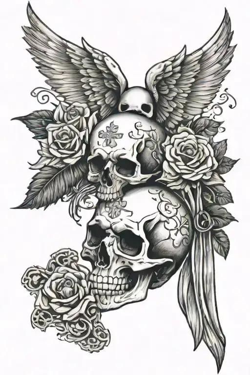 Skull Memento Mori Bicep With A Cross Along The Arm With A Protective Angel In Forearm