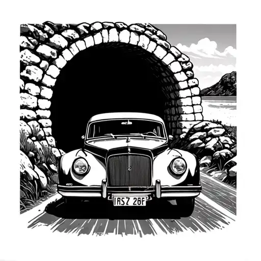 Vintage Car Driving Through A Mountain Tunnel With A Beach View