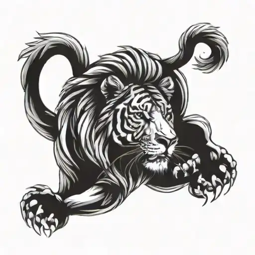 A Tattoo Of A Lion And Tiger Intertwined To Represent Strength And Power