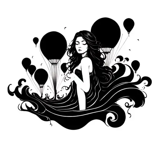A Melancholic Female Figure Surrounded By Swirling Lines And Hot Air Balloons