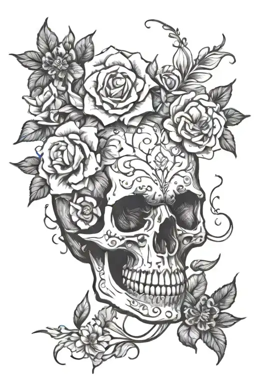 Skull And Flowers Intertwined
