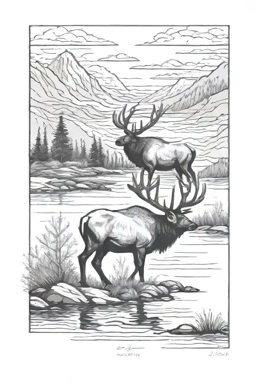 Alaska Scene With River And Bull Elk Walking Through River