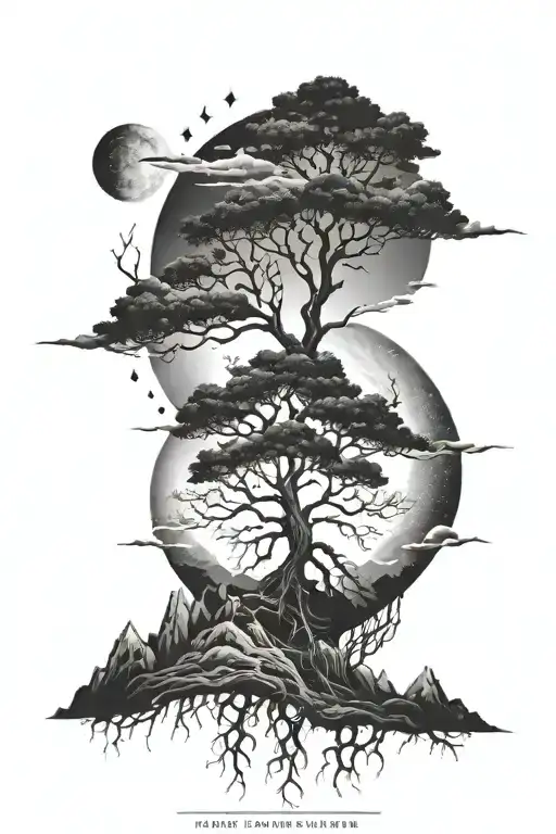 Tree With Roots Mountains And Space