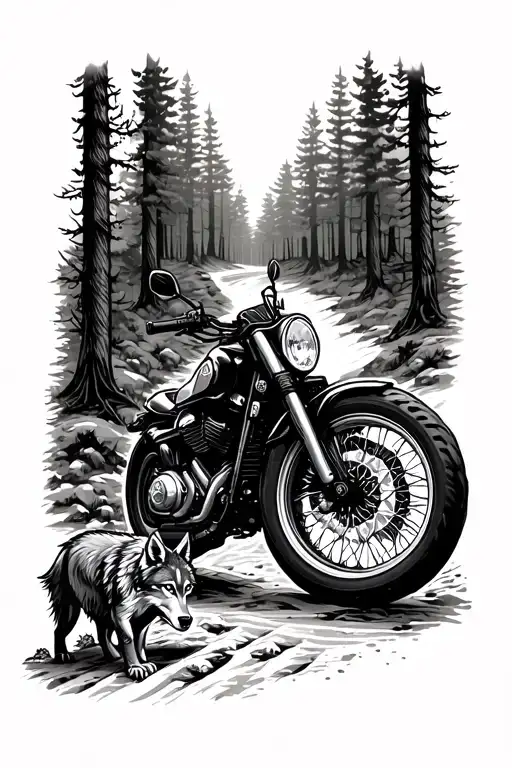 Motorcycle On A Forest Road With A Wolf In The Foreground