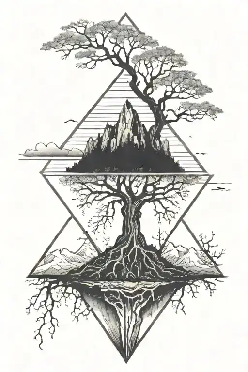 Tree With Roots At The Bottom Mountains In The Middle And Space On Top Inside Diamond Shape