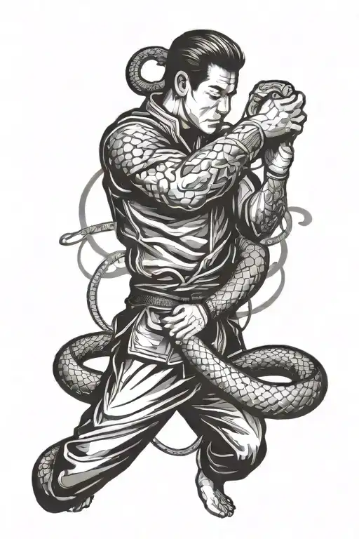A Tattoo Design Of A Student Training In Martial Arts With A Snake Coiled Around Their Arm