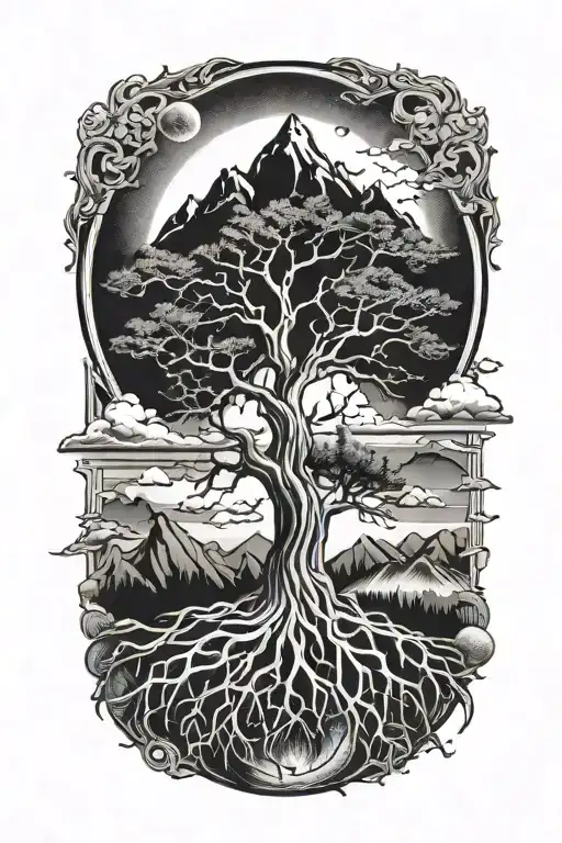 Tree With Roots With Mountains And Space Above It Inside Traingle Designs