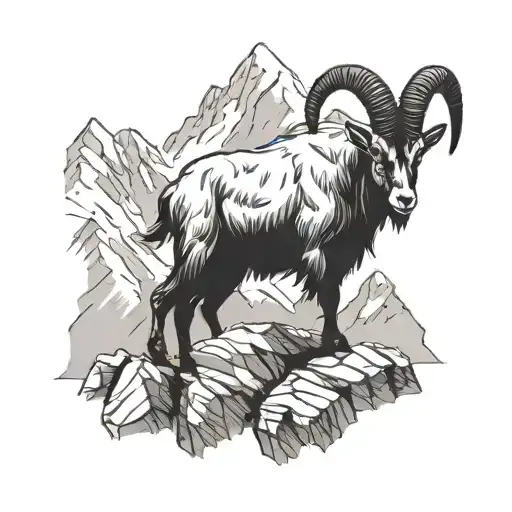 A Blackwork Tattoo Of A Mountain Goat Gracefully Navigating A Rocky Cliffside