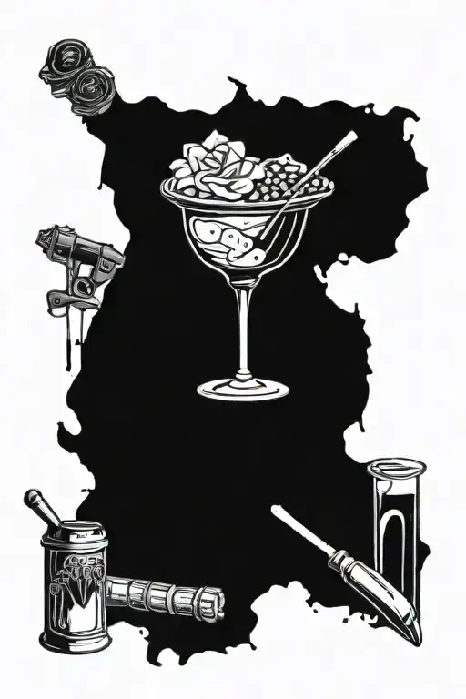 A Tattoo Design Combining Bartending Tools With Symbols Of Creativity And Travel