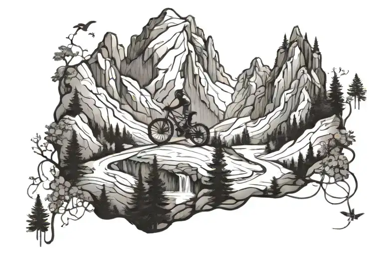 A Blackwork Tattoo Of A Mountain Landscape With A Hidden Bike Trail Leading To A Secret Waterfall