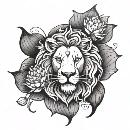 A Tattoo Design Combining A Lion And A Lotus Flower To Symbolize Strength And Beauty