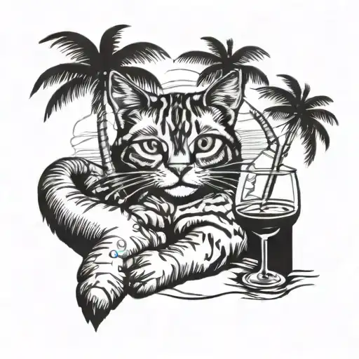 A Blackwork Tattoo Of A Cat Lounging On A Tropical Beach With A Glass Of Wine In Hand