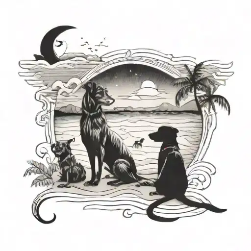 An Intricate Blackwork Tattoo Of A Serene Beach Scene With Dogs And Cats Playing In The Sand