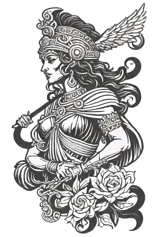 A Tattoo Design Of The Black Greek Goddess Athena In A Blackwork Style