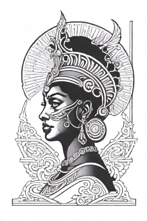 A Tattoo Design Of The Black Greek Goddess Athena In A Blackwork Style Face Foward