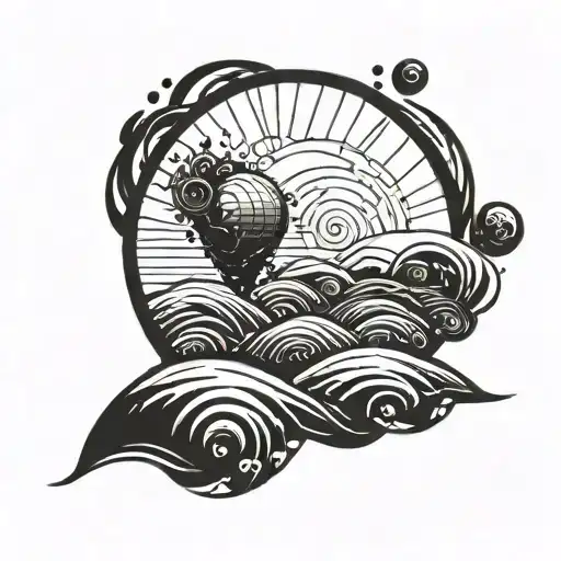 A Minimalist Blackwork Tattoo Of A Planet With Waves Crashing Against It