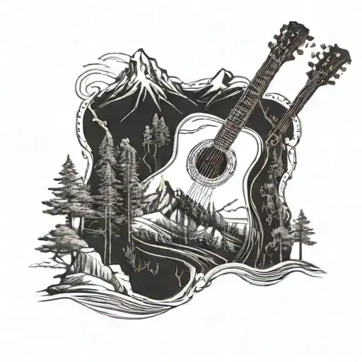 A Detailed Mountain Landscape With A Winding Hiking Trail And A Hidden Guitar Among The Trees