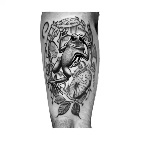 A Frog On A Mushroom With 2 Frogs On The Bottom Next To The Mushroom