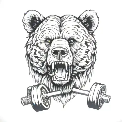 Head Of A Ferocious Bear Biting A Dumbbell