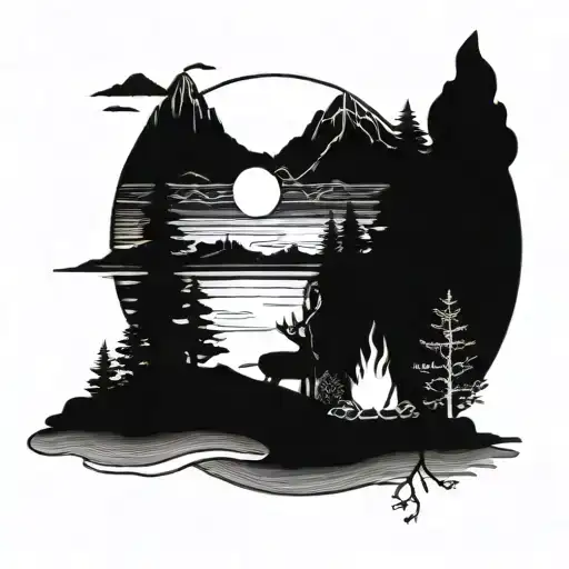 Landscape With Mountain Sun Trees River Campfire Deer