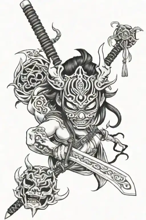 Tattoos Of Girl With Mask Oni Mask Katana Surrounded