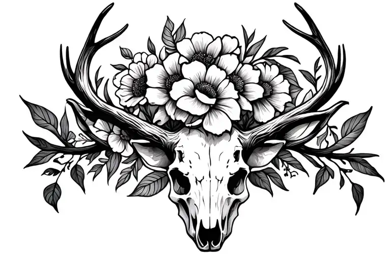 Stag Skull With Flowers