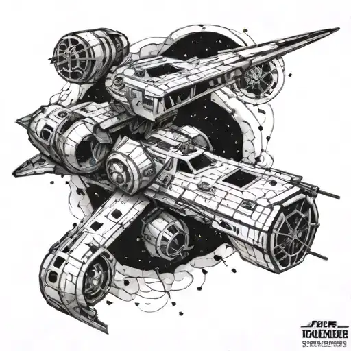 A Detailed Blackwork Tattoo Of A Space Battle Scene From Star Wars