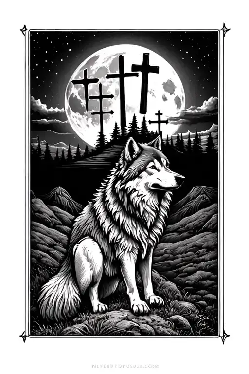 Wolf On A Hill With Three Crosses Howling At A Full Moon