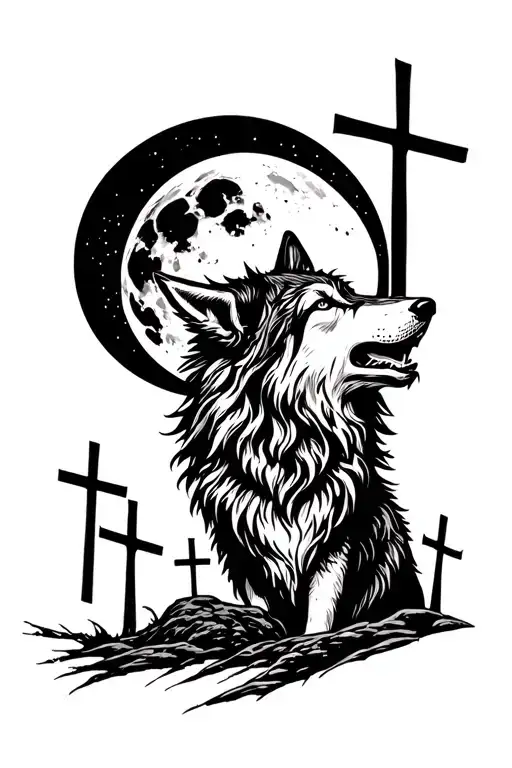 Wolf Howling At Full Moon With Three Crosses In The Background