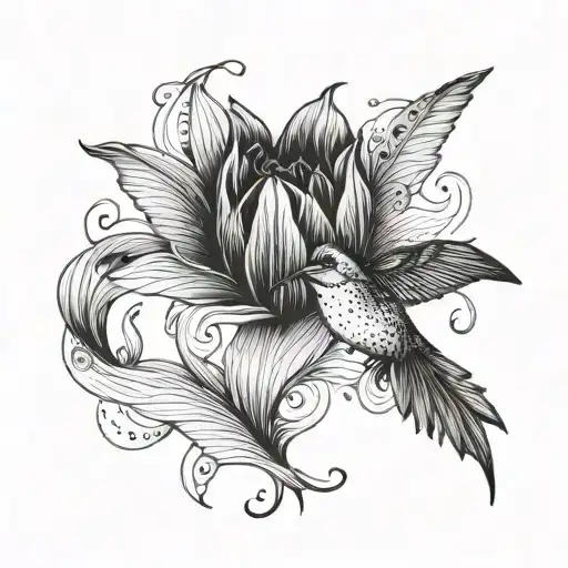 A Stylized Blackwork Tulip Intertwined With Hummingbird Feathers