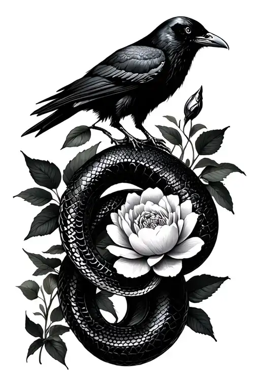 Snake Skeleton With A Crow And Peony