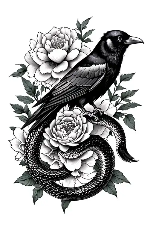 Snake Skeleton With A Crow And Peony Around An Entire Arm