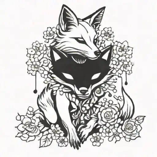 A Robotic Fox With Cherry Blossom Petals Falling Around It